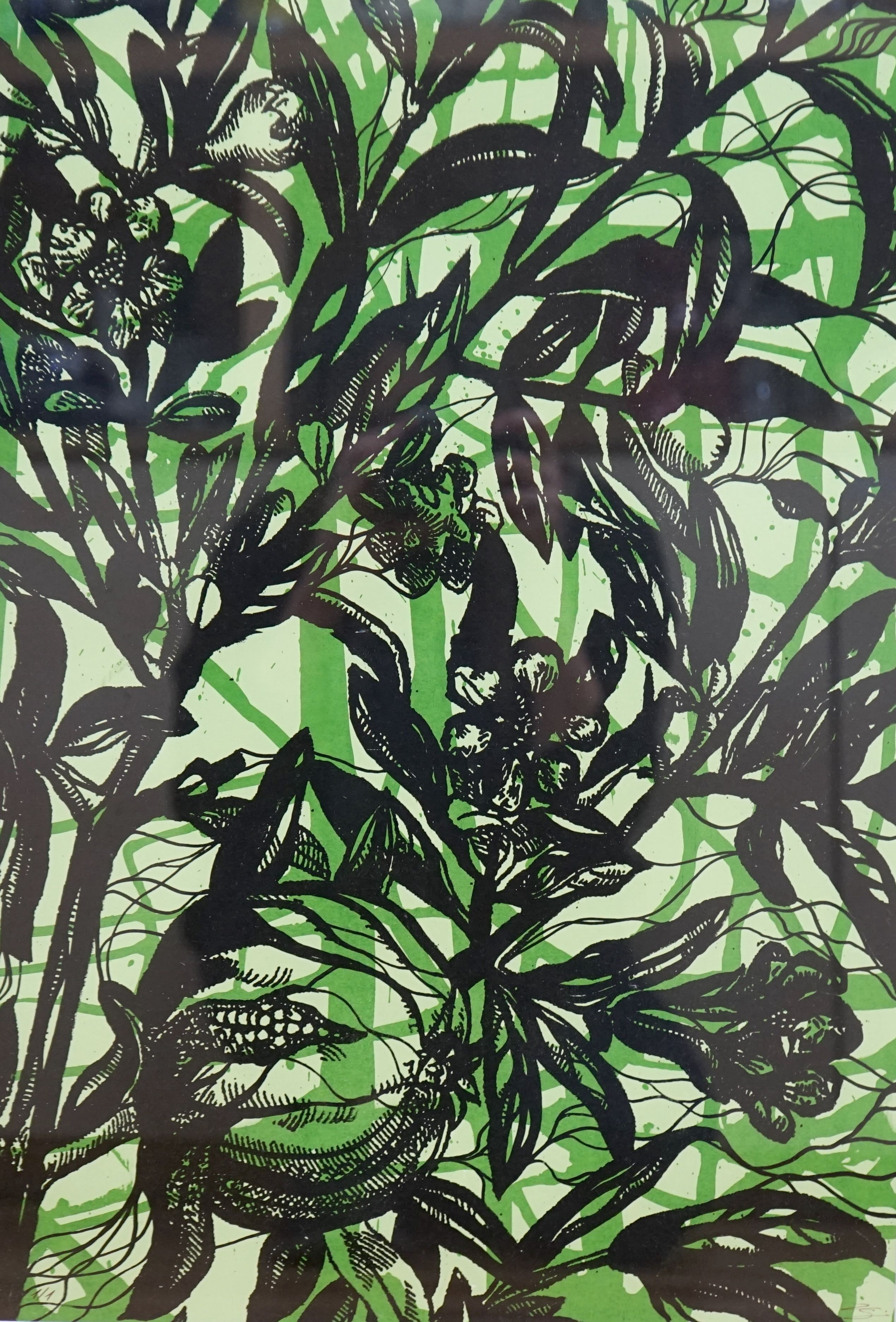 Zsi Chimera (1978-), lino-print, Flower study, initialled, 54 x 38cm